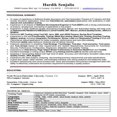 Hardik Senjalia QA Resume