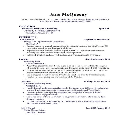 Jane McQueeny Resume