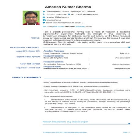 Europass CV 3PAmarish Sharma 2014-Denmark
