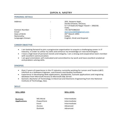 DIPEN AMIT MISTRY Resumea