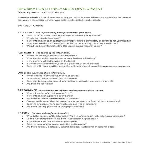 Evaluating Internet Sources  RADAR Worksheet