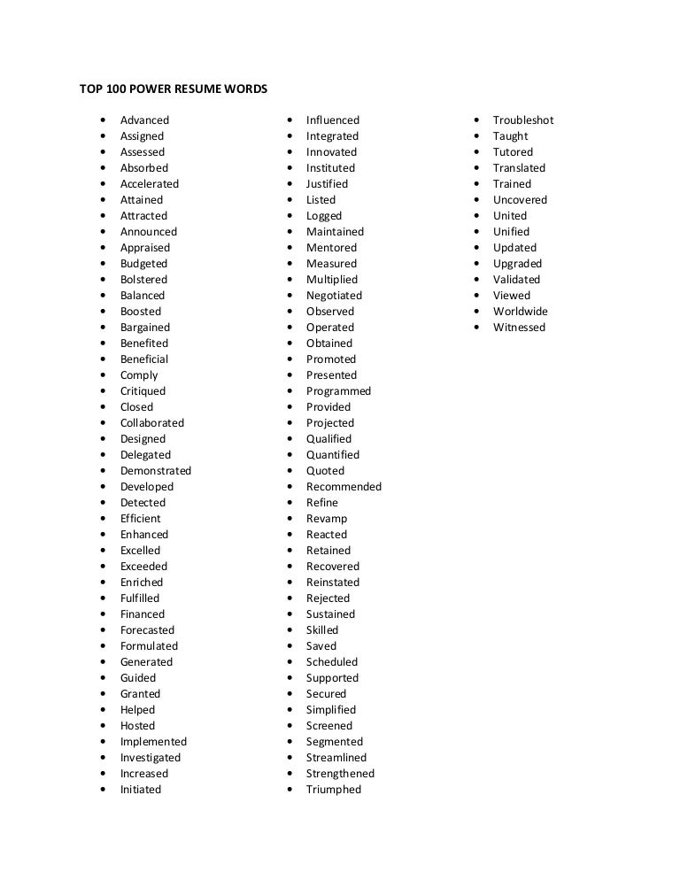 Top 100 Power Resume Words