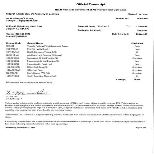 Official HCA AOL Academic Transcript | PDF
