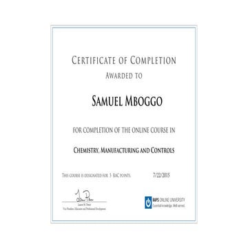 Chemistry, Manufacturing and Controls Certificate (1)