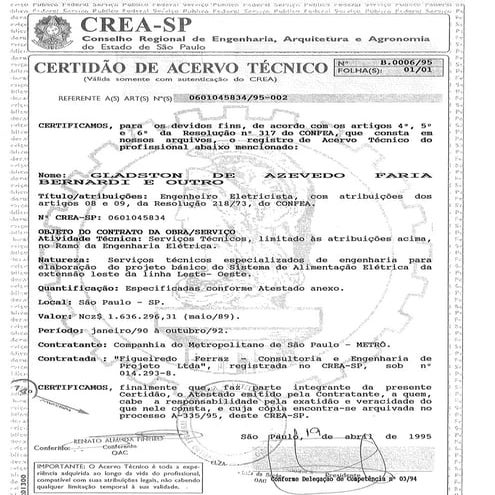 Certidão de Acervo Técnico- Metrô linha Leste-Oeste