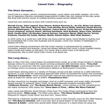 Lionel Cole 2016 - Complete Bio Listing