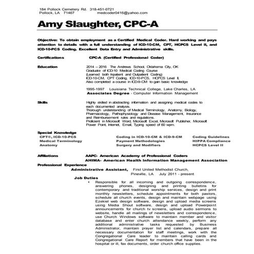 Amy Slaughter's Medical Coding Resume | DOCX
