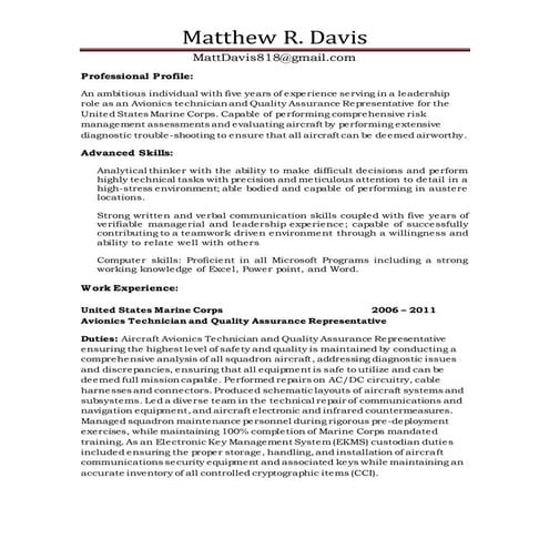 Matt Davis Electrical Resume