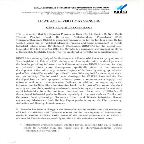 Devadas Pranassery_KINFRA_GM(P)_Experience Certificate | PDF