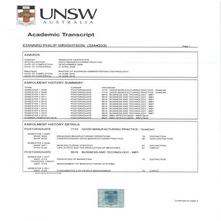 UNSW Academic Transcript