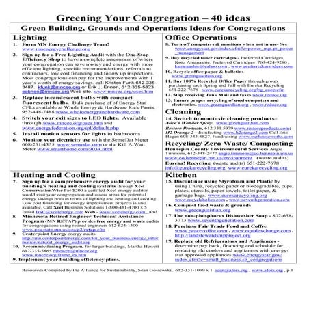 Greening Your Congregation - 40 ideas  