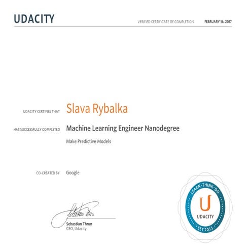 Slava Rybalka Machine Learning Engineer Certificate | PDF