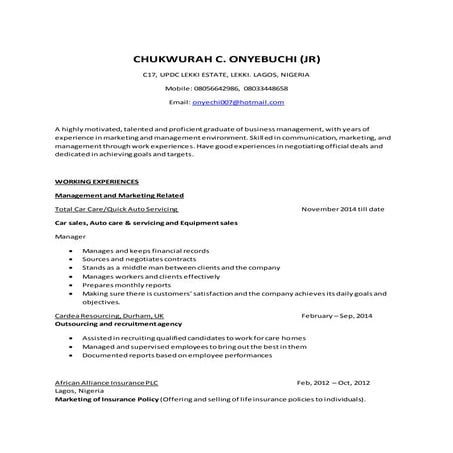 CHUKWURAH ONYEBUCHI CV (Lagos Work Application) 2015