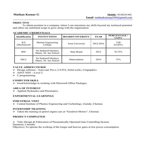 MATHAN KUMAR G RESUME