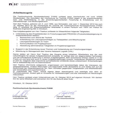 Arbeitszeugnis FHNW IBE Karl Tiselius | PDF