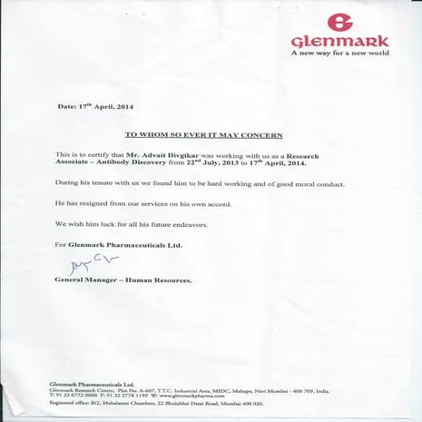 Glenmark RA experience letter | PDF
