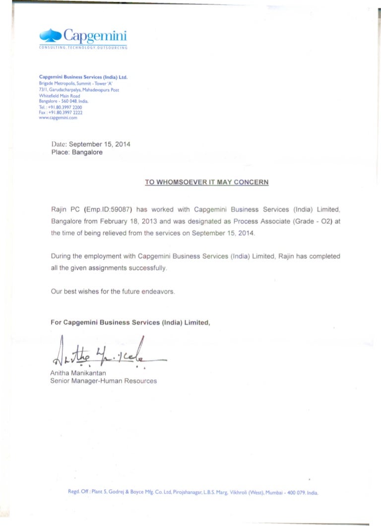 experience capgemini letter of recommendation for a business