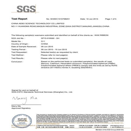 RoHS test report by SGS on 2012 | PDF
