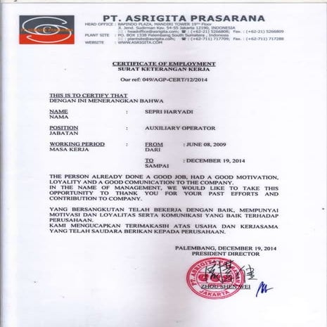 Pengalaman kerja  PT.Asrigita Prasarana