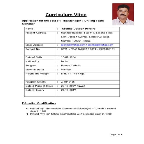 Application for post of Rig Manager 1 | PDF