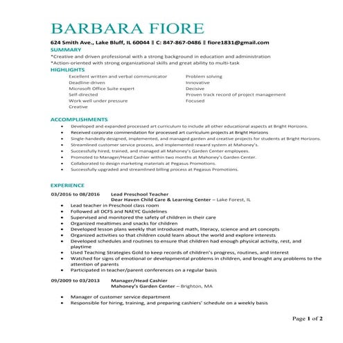 Barb Fiore Resume