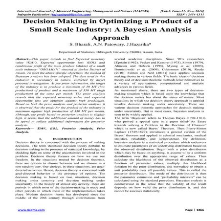 Decision Making in Optimizing a Product of a Small Scale Industry: A Bayesian...