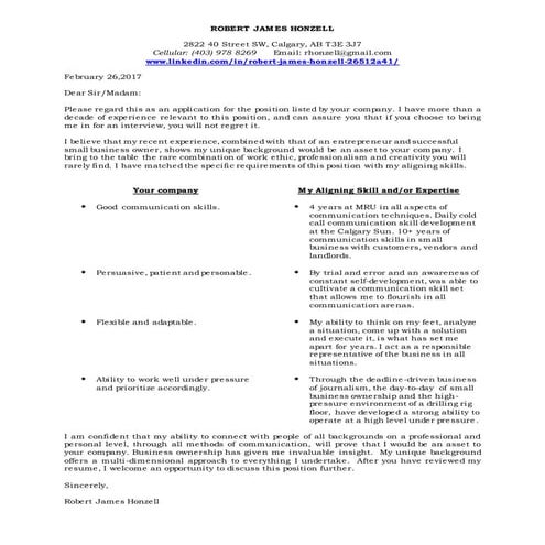 ROBERT JAMES HONZELL - lease-oper cover letter and resume