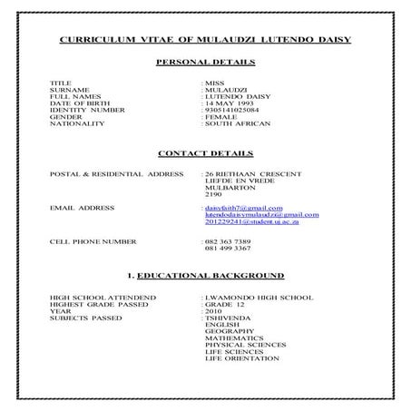 CURRICULUM VITAE OF MULAUDZI LUTENDO DAISY DOCUMENT