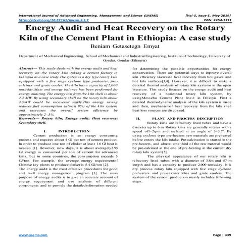 Energy Audit and Heat Recovery on the Rotary Kiln of the Cement Plant in Ethi...