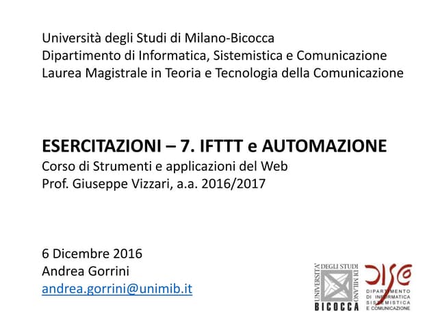 7 Esercitazione - IFTTT e Automazione