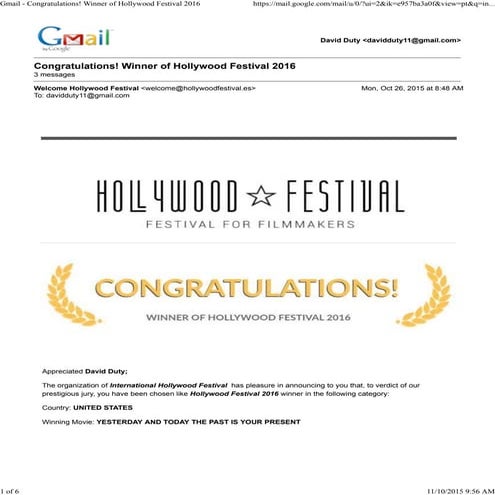 Gmail - Congratulations! Winner of Hollywood Festival 2016