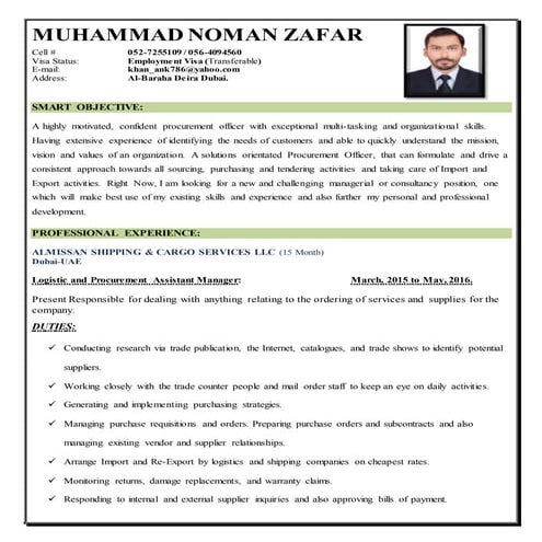 Noman Zafar  Logistic and Procurment CV