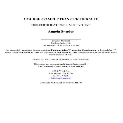 TC Course Completion Certificate PDF
