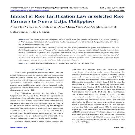 Impact of Rice Tariffication Law in selected Rice Farmers in Nueva Ecija, Phi...