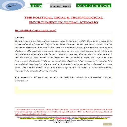 The Political, Legal & Technological Environment in Global Scenario