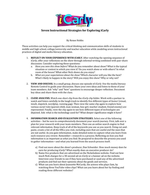7 Instructional Strategies for using iCarly for Media Literacy final