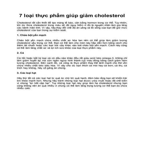 7 loại thực phẩm giúp giảm cholesterol