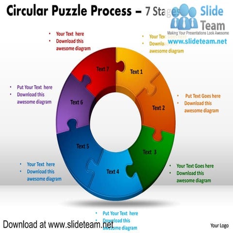 7 pieces pie chart circular puzzle with hole in center process powerpoint dia...