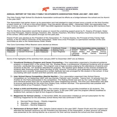 Holy Family Ex-Students Association - Annual Report January - December 2007