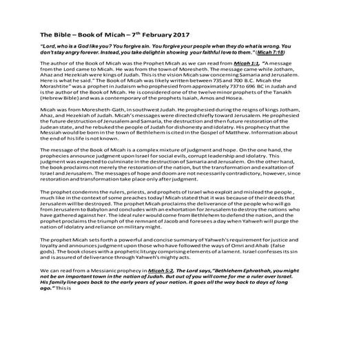 7th February 2017  - The bible – Book of Micah