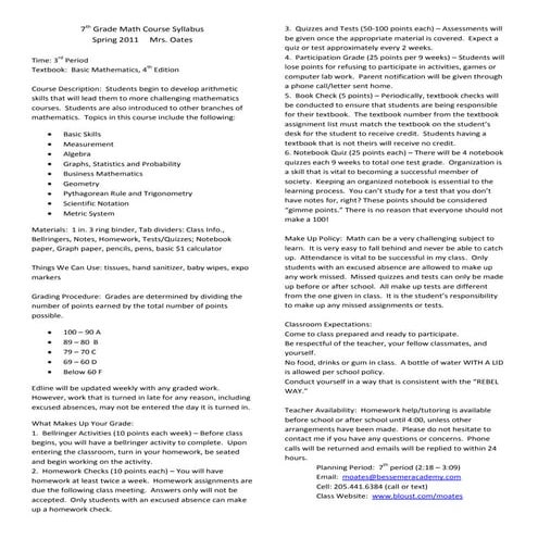 7th Grade Math Course Syllabus