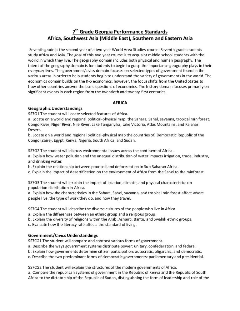 7th Grade Social Studies Performance Standards