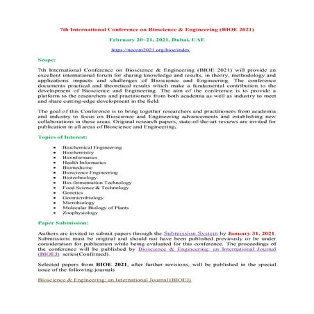 7th International Conference on Bioscience & Engineering (BIOE 2021)