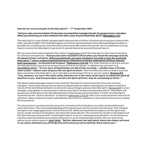 7th September 2017  - How do we receive the gift of the Holy Spirit?