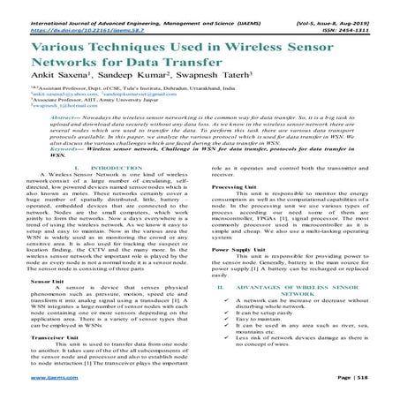 Various Techniques Used in Wireless Sensor Networks for Data Transfer