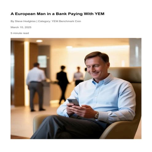 YEM Pay: A European man in a bank paying with YEM