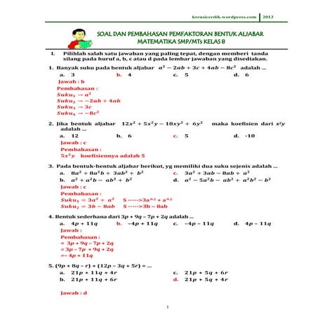 (8.2.1) soal dan pembahasan pemfaktoran bentuk aljabar matematika sltp kelas 8