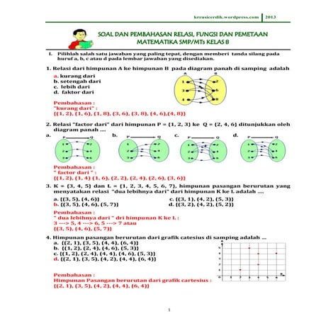 (8.3.1) soal dan pembahasan relasi fungsi, matematika sltp kelas 8