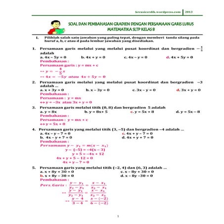 (8.6.1) soal dan pembahasan persamaan garis lurus, matematika sltp kelas 8