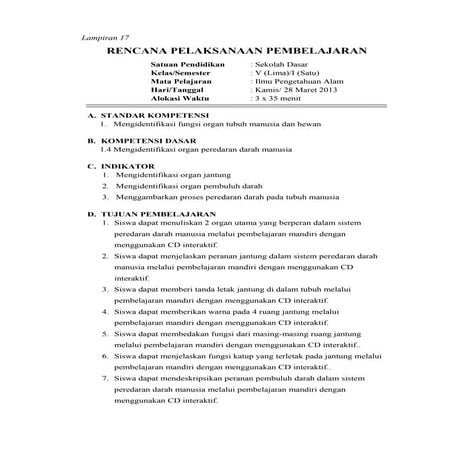 RPP CD Interaktif IPA Materi Sistem Peredaran Darah Manusia 